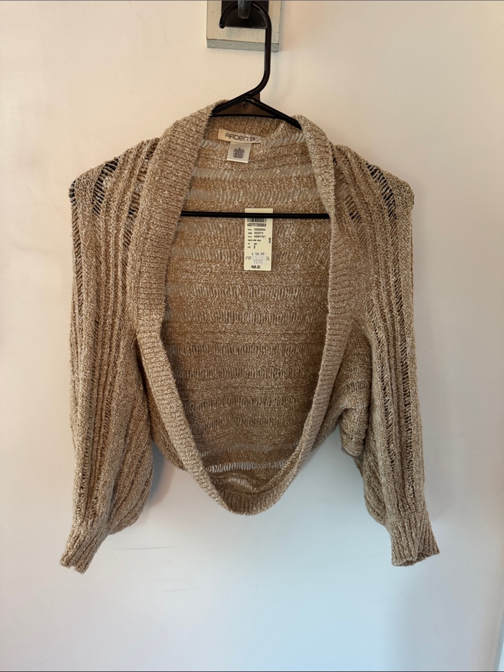 Vintage Arden B Beige Open-Front Cropped Knit Sweater Shrug